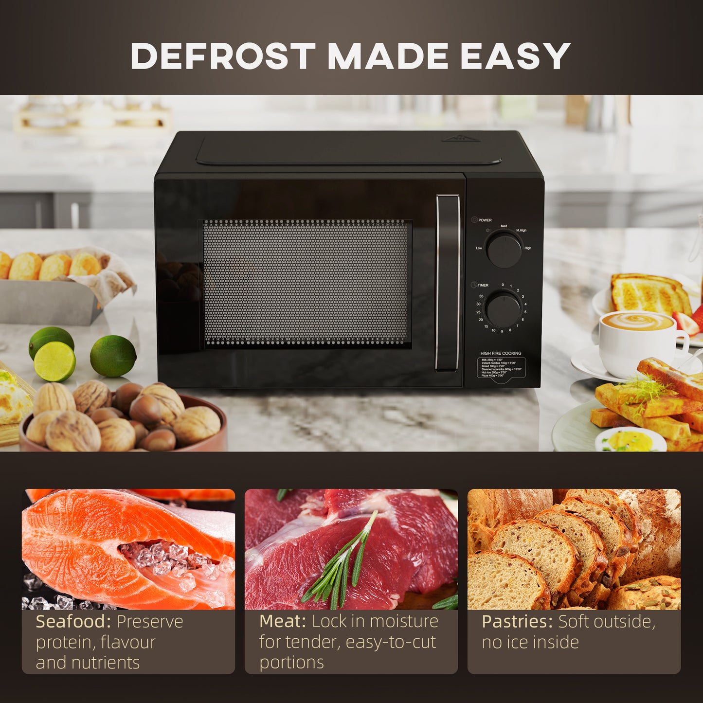 23L 800W Microwave Oven, Solo Manual Microwave with 5 Power Levels, Defrost, 60 Minutes Timer, Clock, Easy Clean, Small Black Microwave