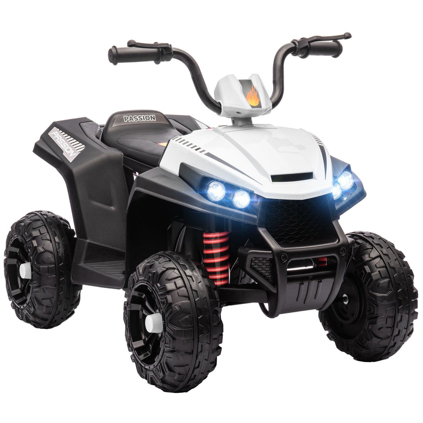 AIYAPLAY 12V Kids Electric Quad Bike w/ Spring Suspension System, Forward & Backward, LED Light, Music, MP3, White / Red