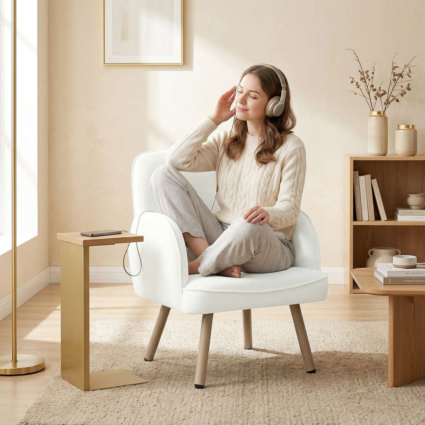 Velvet Upholstered Accent Armchair | 12.5cm Pocket Spring Seat | Carbon Steel Frame | Adjustable Feet | 120kg Capacity | 64x64x79.5cm | Cream