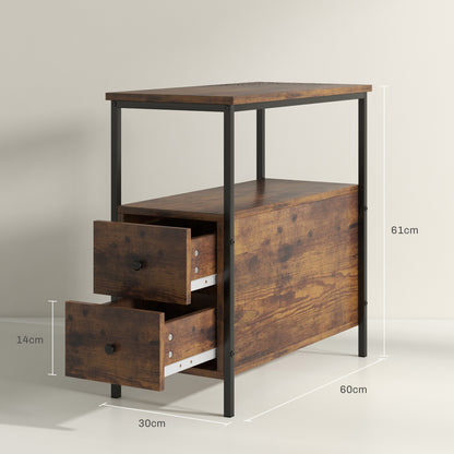 Set of 2 Side Table, Narrow Bedside Table with 2 Drawers and Storage Shelf, Industrial End Table for Small Spaces, Rustic Brown