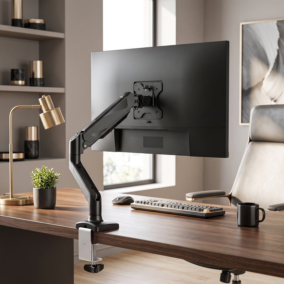 Single Monitor Arm | Up to 32 Inch & 10kg | Gas Spring Height Adjustment, Tilt, Swivel & 360° Rotation | Black Steel