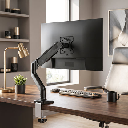 Single Monitor Arm | Up to 32 Inch & 10kg | Gas Spring Height Adjustment, Tilt, Swivel & 360° Rotation | Black Steel