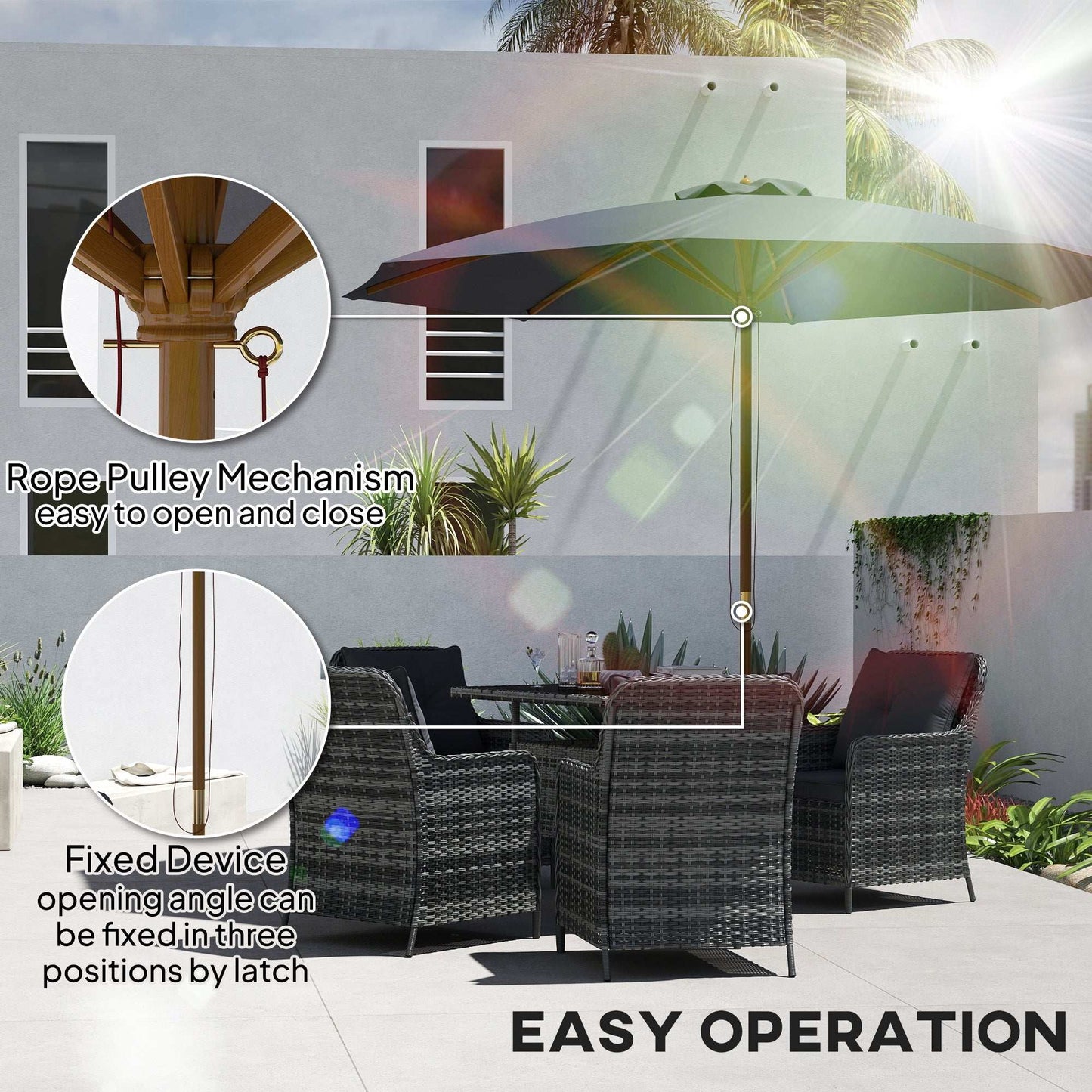 Outsunny 3(m) Wooden Patio Parasol Umbrella - Dark Grey