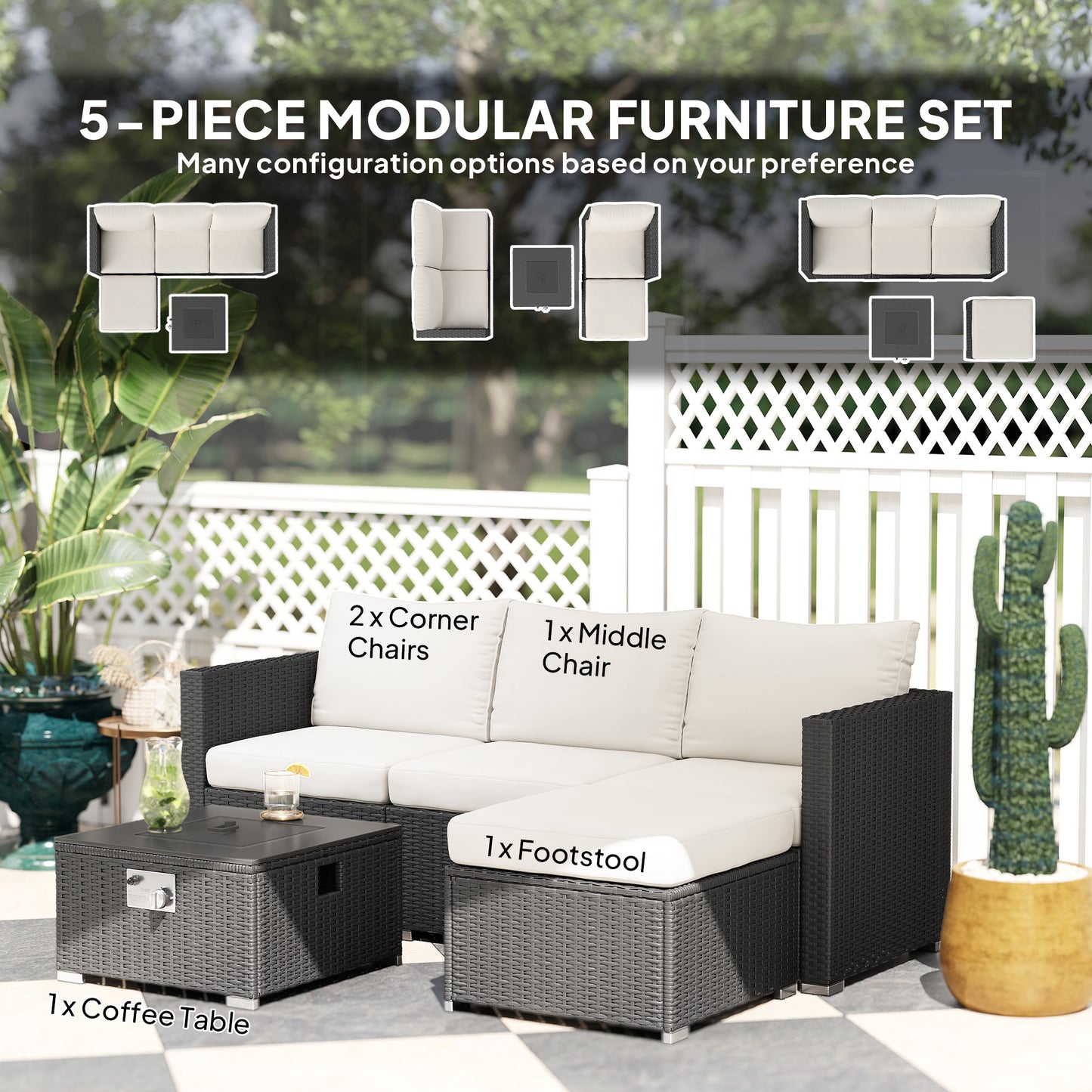 Five Piece Rattan Garden Furniture Set with Gas Fire Pit Table and Footstool - Black and Cream White