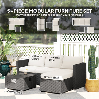 Five Piece Rattan Garden Furniture Set with Gas Fire Pit Table and Footstool - Black and Cream White