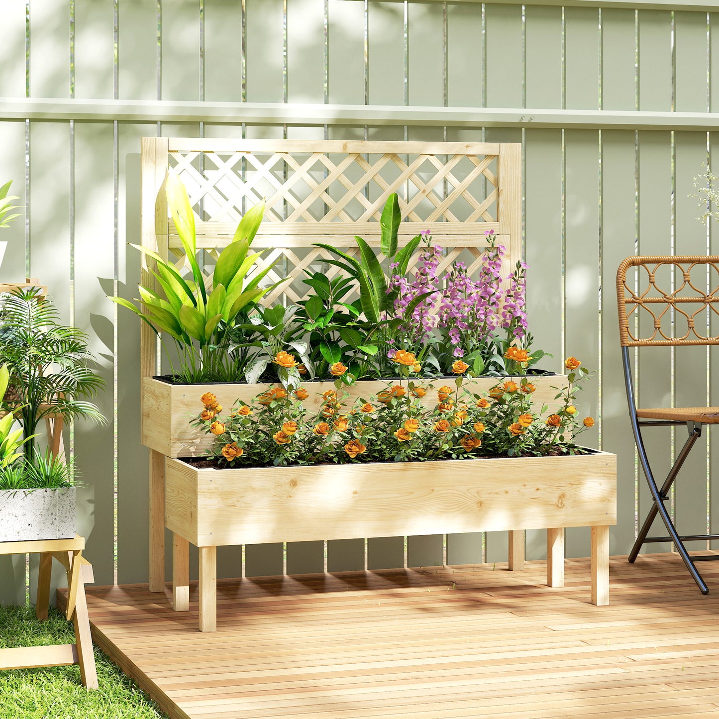 2-Tier Stepped Raised Garden Bed with Trellis | Fir Wood | 2 Planter Boxes with Liners | Drainage Gaps | 40kg Capacity | Ergonomic Tiered Design | 108x62x120cm | Natural Wood