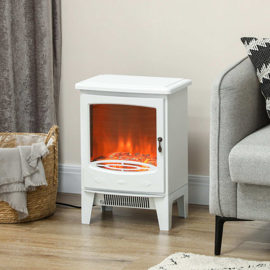 Tempered Glass Casing Electric Fireplace, Freestanding Fire with Realistic Flame Effect Log Burner with Overheat Protection, 950w/ 1850W, White