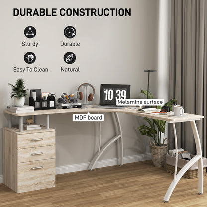 L-Shaped Computer Desk Table with Storage Drawer, Home Office Desk Corner Industrial Style Workstation for A4 Files 143.5 x 143.5 x 76cm, Oak