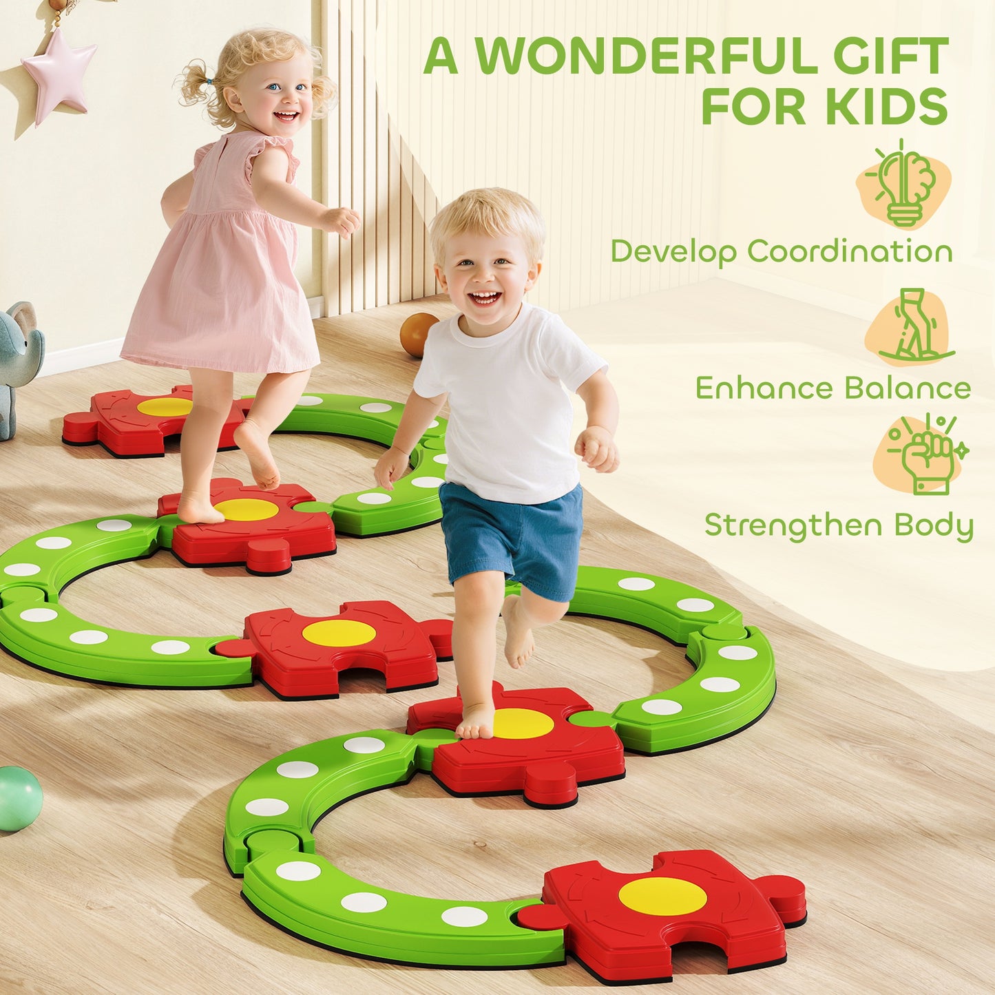 13 Piece Kids Balance Beam Stepping Stones Set with Non-slip Textured Surface, Outdoor Indoor for Toddlers, Green