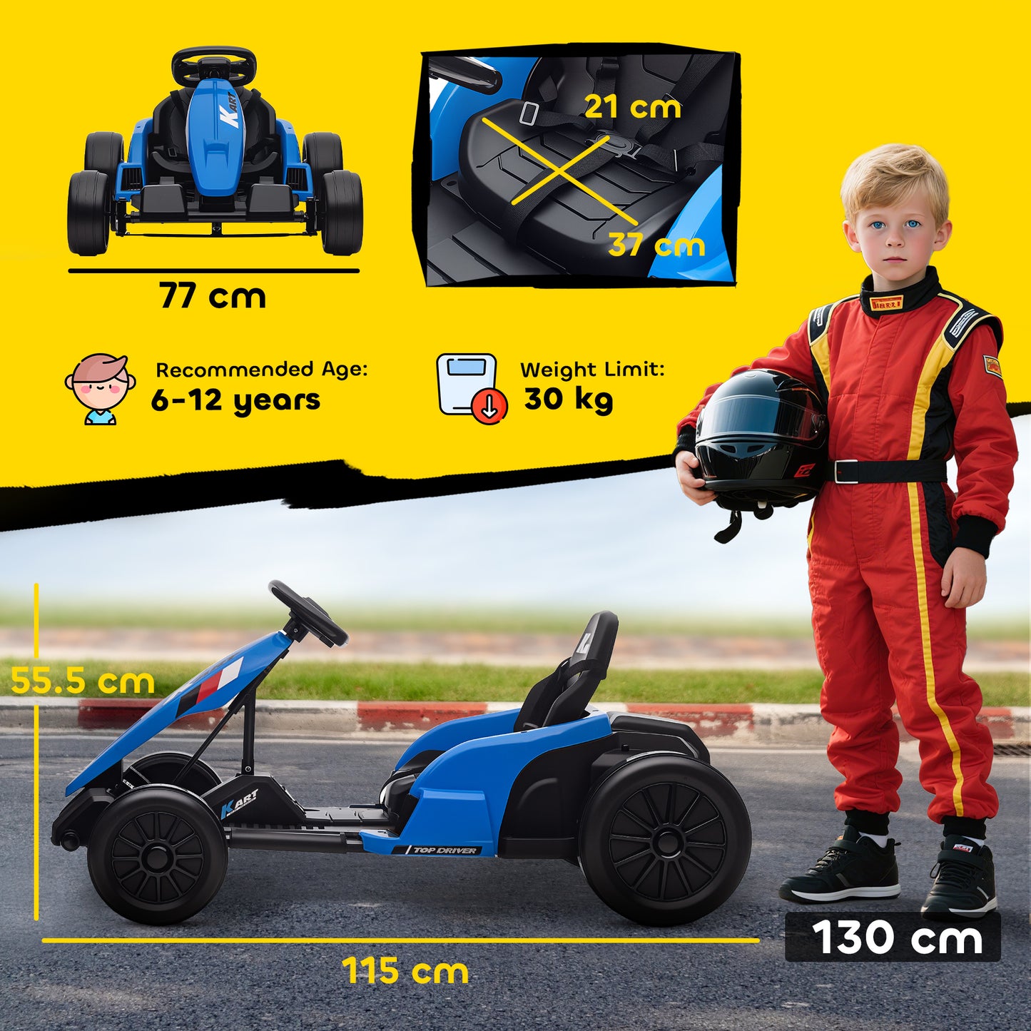 AIYAPLAY 24V Electric Go Kart, Drift Kart with Adjustable Seat, Slow Start, 5-Point Harness, Music, Horn, for 6-12 Years