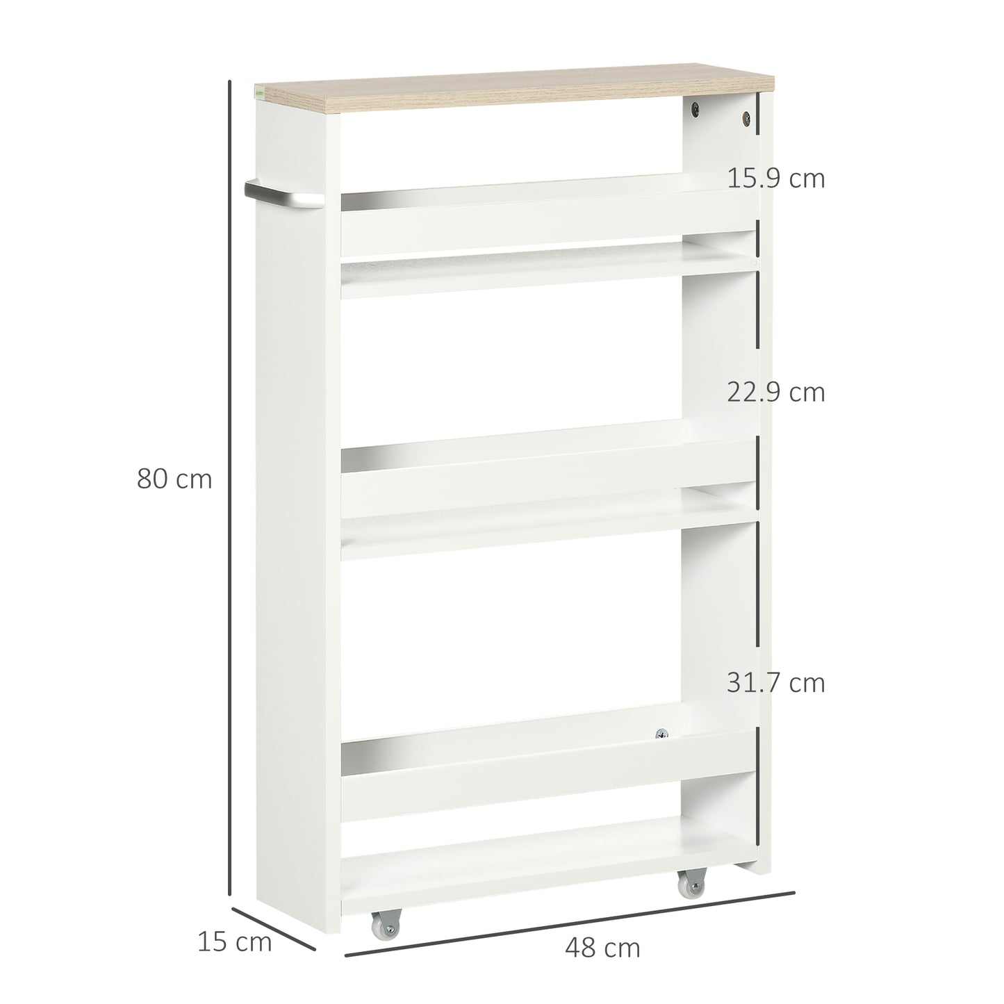 4-Tier Slim Bathroom Storage Trolley | 4 Wheels & Side Handle | Moisture-Resistant Laminated MDF | 10kg Total 2.5kg Per Shelf | Fits Between Toilet & Bath | 48x15x80cm | White