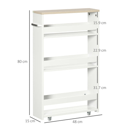 4-Tier Slim Bathroom Storage Trolley | 4 Wheels & Side Handle | Moisture-Resistant Laminated MDF | 10kg Total 2.5kg Per Shelf | Fits Between Toilet & Bath | 48x15x80cm | White