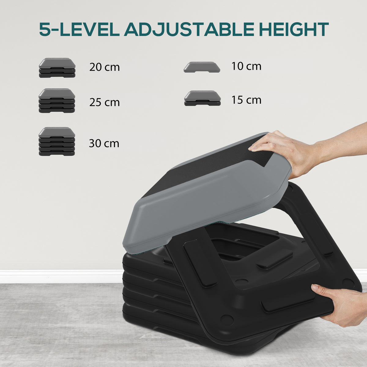 5-Level Height Adjustable Aerobic Step Platform | 10 to 30cm | Non-Slip Surface & Base | 40x40cm Platform | 150kg Capacity | PE Construction | Lightweight & Compact | Grey | For Home Gym Cardio Workouts