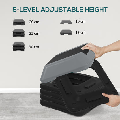 5-Level Height Adjustable Aerobic Step Platform | 10 to 30cm | Non-Slip Surface & Base | 40x40cm Platform | 150kg Capacity | PE Construction | Lightweight & Compact | Grey | For Home Gym Cardio Workouts