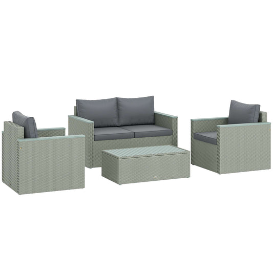 4 Piece Rattan Garden Furniture Set, 4 Seater Wicker Outdoor Sofa Set with 2 Armchairs, Loveseat, Acacia Wood Top Coffee Table - Grey