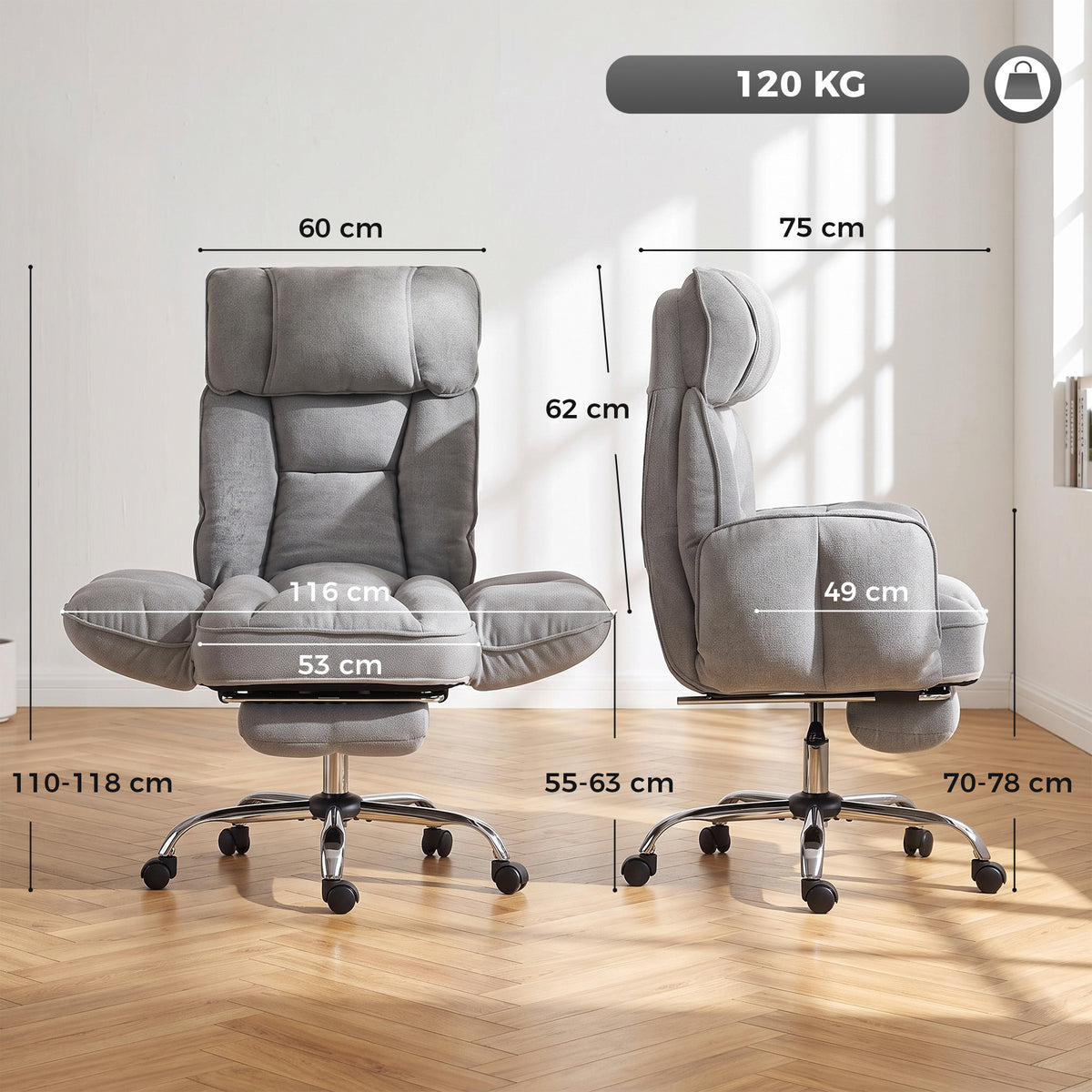 Reclining Office Chair | Grey Linen-Look Fabric & Pocket-Sprung Seat | 135° Recline, Pull-Out Footrest & 5-Position Flip-Up Arms | Height Adjustable