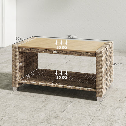 2-Tier Rattan Garden Coffee Table | Storage Shelf | Slatted Top | 50kg | Foot Pads | Light Brown