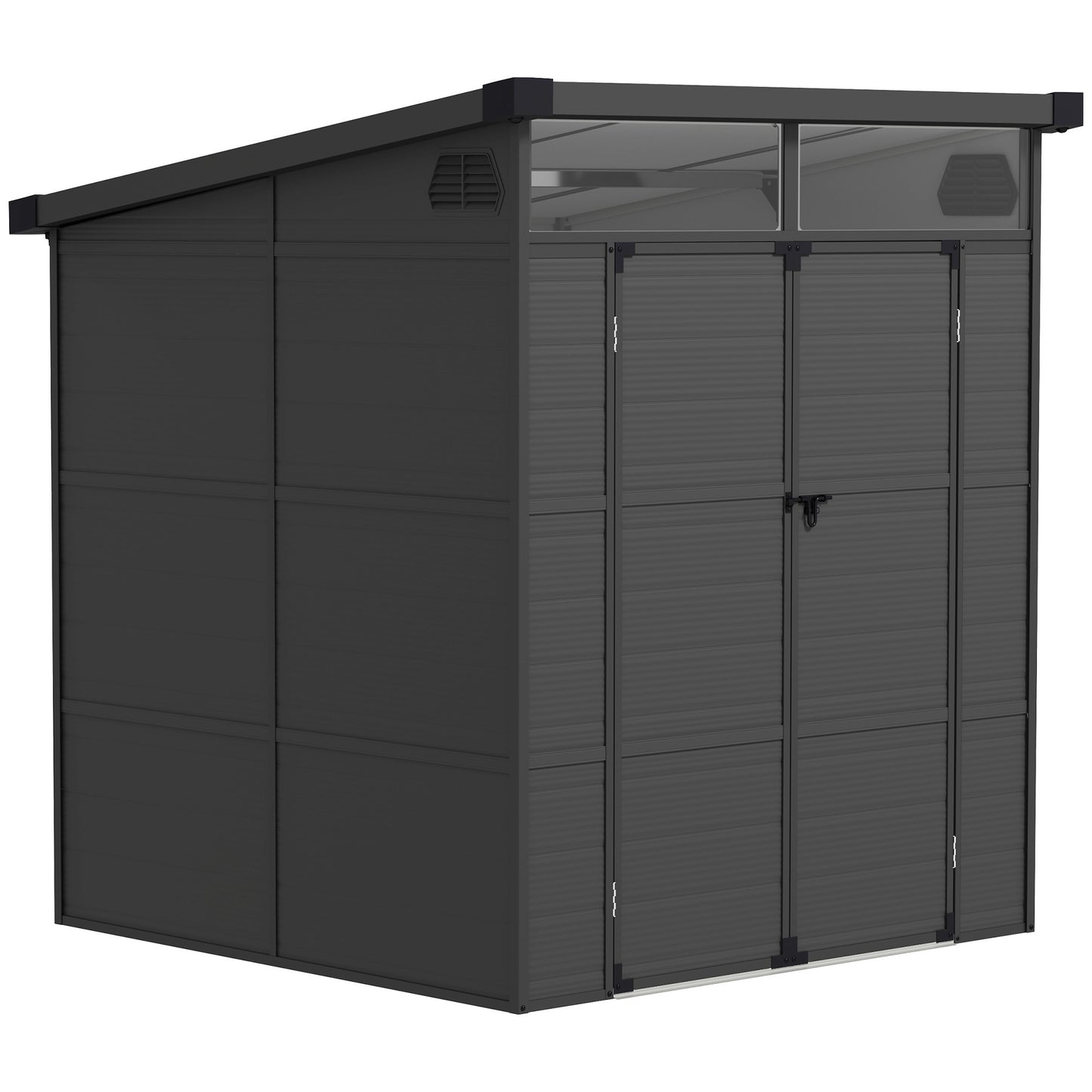 6 x 6ft Outdoor Storage Shed, Plastic Garden Shed with Windows and Air Vents, Outdoor Resin Tool Shed with Latch Doors for Garden, Deck