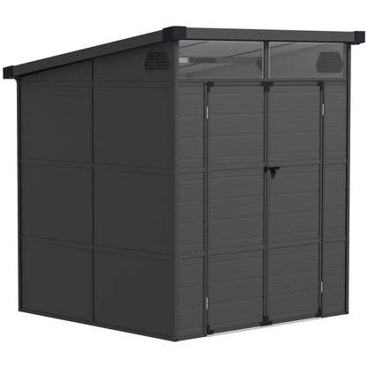 6 x 6ft Outdoor Storage Shed, Plastic Garden Shed with Windows and Air Vents, Outdoor Resin Tool Shed with Latch Doors for Garden, Deck