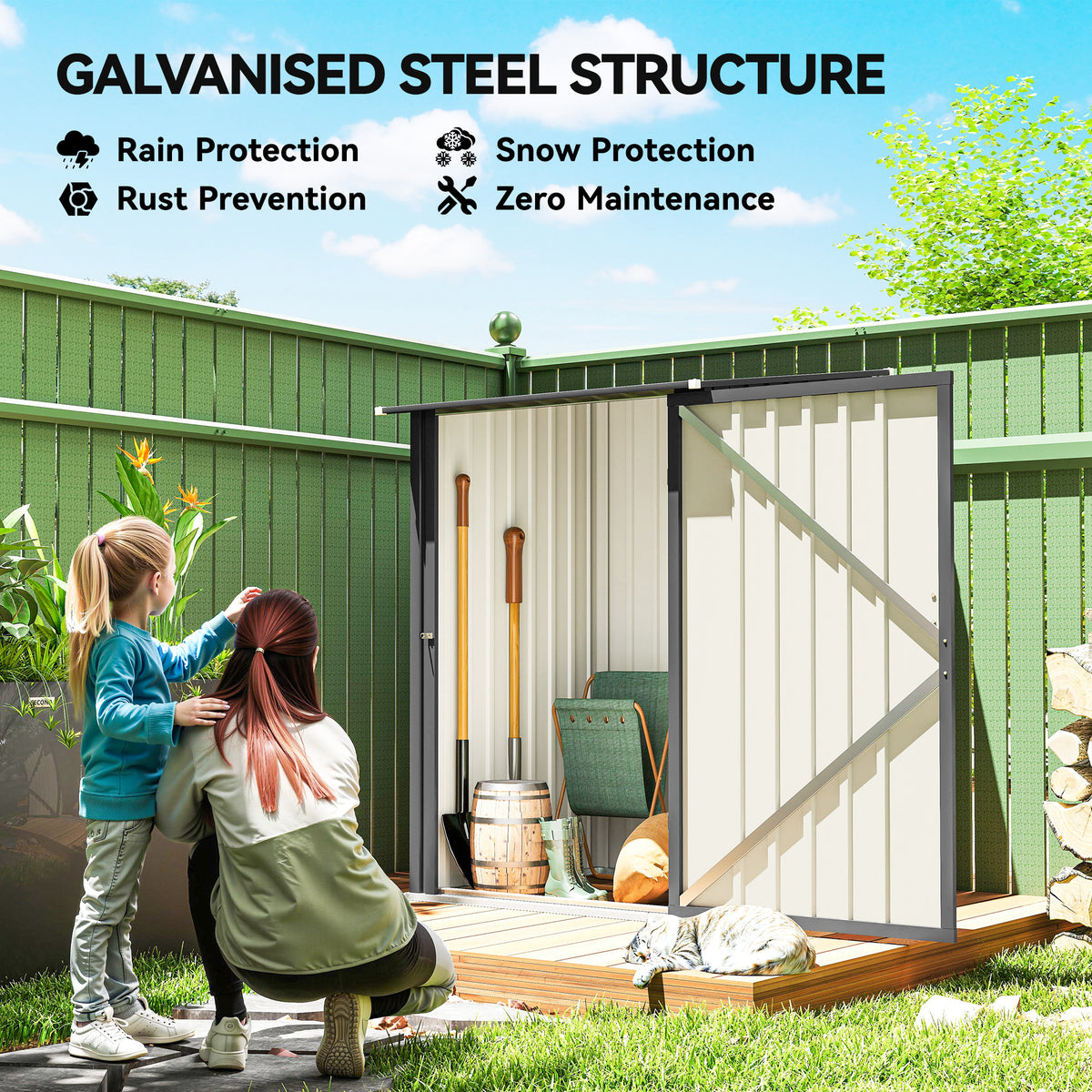 Lean To Steel Garden Shed with Latched Door | Galvanised Corrugated Steel | Sloped Roof | Dark Grey | 100x104x160cm | Inner 83x86cm | 20kg/m² Snow Load | No Rainwater Buildup | Assembly Required