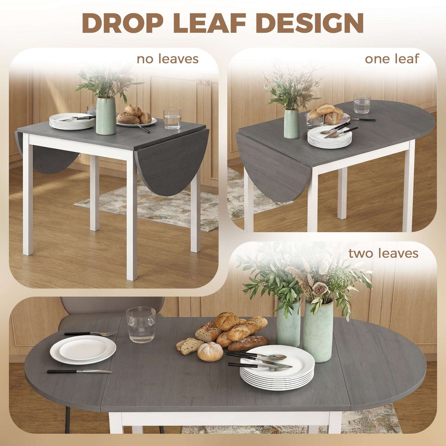 4-6 Person Drop-Leaf Extending Dining Table | Pine Wood | 3 Configurations | Folds to 80cm or Extends to 140cm | 50kg Capacity | Foot Pads | Grey & White