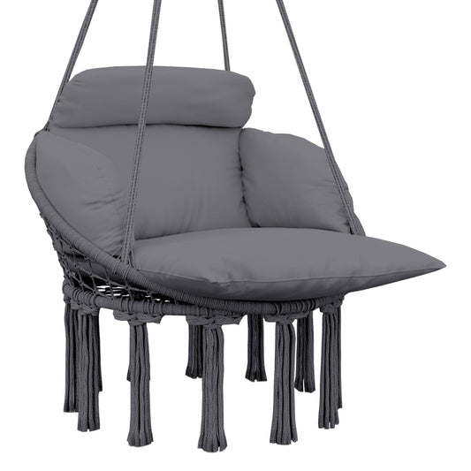Hanging Chair Indoor Outdoor Hammock Chair with Soft Cushion, Cotton Rope Boho Style Swing Chair, Hanging Garden Swing Seat, Dark Grey
