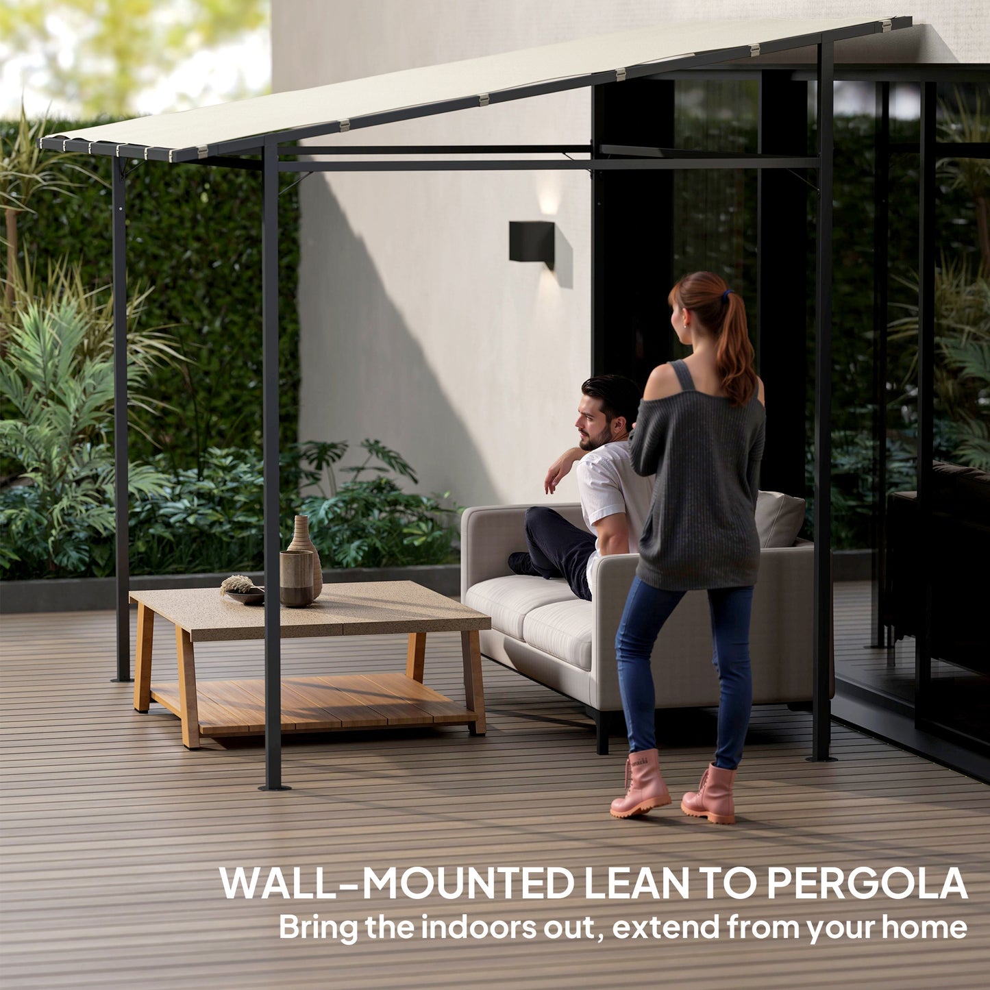 2.4 x 2.4 m Wall Mounted Pergola Gazebo with PA Coating Fabric and Metal Frame, UPF30+, Lean to Garden Gazebo, Wind Resistant Outdoor Sun Shade