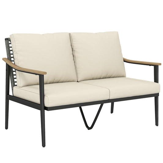2 Seater Rattan Garden Sofa | Wood-Effect Armrests | Cut-Out PE Rattan Backrest | 8cm Seat & 12cm Back Cushions | Steel Frame | 240kg | 120x75x78cm | Khaki