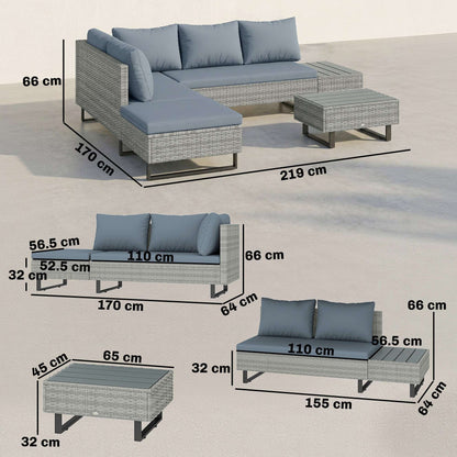 5 Seater L-Shaped Rattan Garden Corner Sofa Set | Adjustable Backrest & Chaise Lounge | Loveseat & Coffee Table | Zipped Cushion Covers | Powder-Coated Frame | 360kg Capacity | Grey