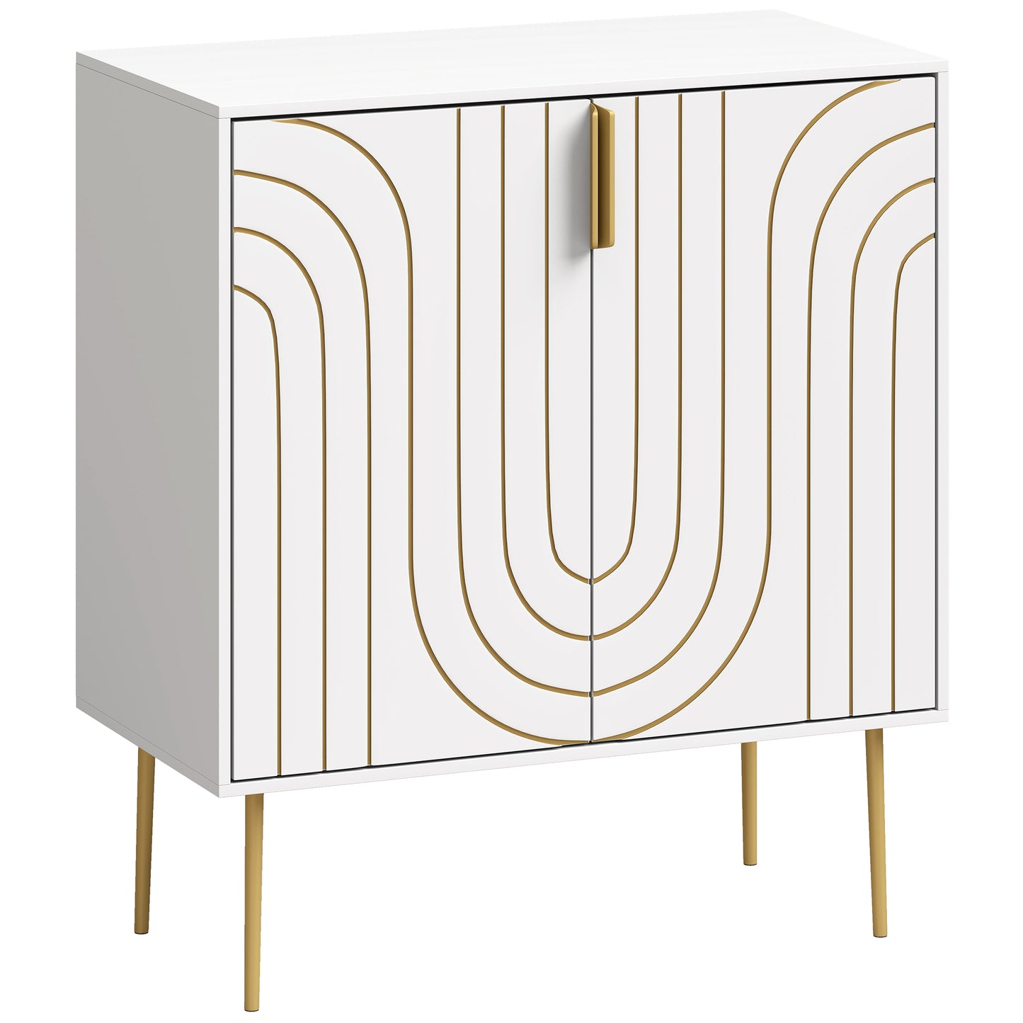 Modern Sideboard Storage Cabinet | Geometric Carved Doors | Adjustable Shelf | Copper-Tone Legs & Handles | Anti-Tip | 50kg | 78x40x88cm | White
