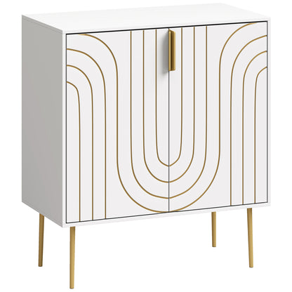 Modern Sideboard Storage Cabinet | Geometric Carved Doors | Adjustable Shelf | Copper-Tone Legs & Handles | Anti-Tip | 50kg | 78x40x88cm | White