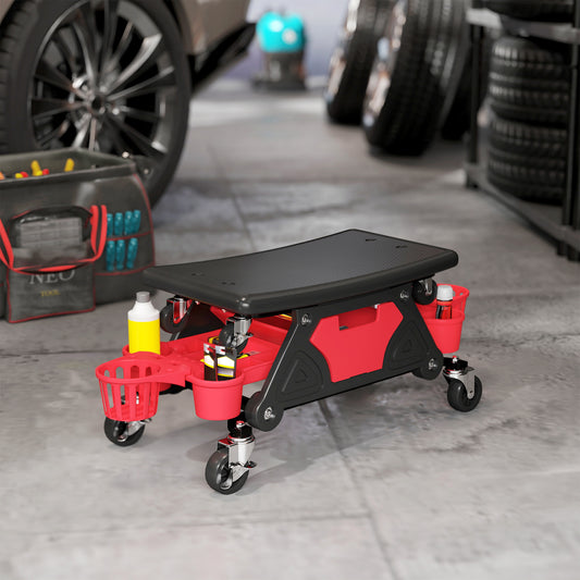 Rolling Mechanic Stool, 135kg Capacity Workshop Stool with 360° Swivel Wheels, Roller Creeper Seat with Slide Out Tool Trays, Drawer, Bottle Holders for Garage, Shop, Auto Repair