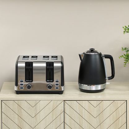 Stainless Steel Kettle and Toaster Set, 1.7L 3000W Rapid Boil Jug Kettle with UK Strix Thermostat, Limescale Filter, 4 Slice Toaster with 7 Browning Controls, Crumb Tray, Black and Silver Tone