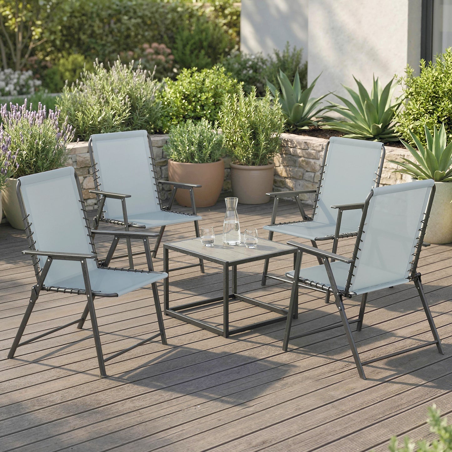 Set of 4 Folding Garden Chairs | Texteline | High Back | Bungee Support | 120kg | Light Grey
