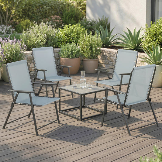Set of 4 Folding Garden Chairs | Texteline | High Back | Bungee Support | 120kg | Light Grey