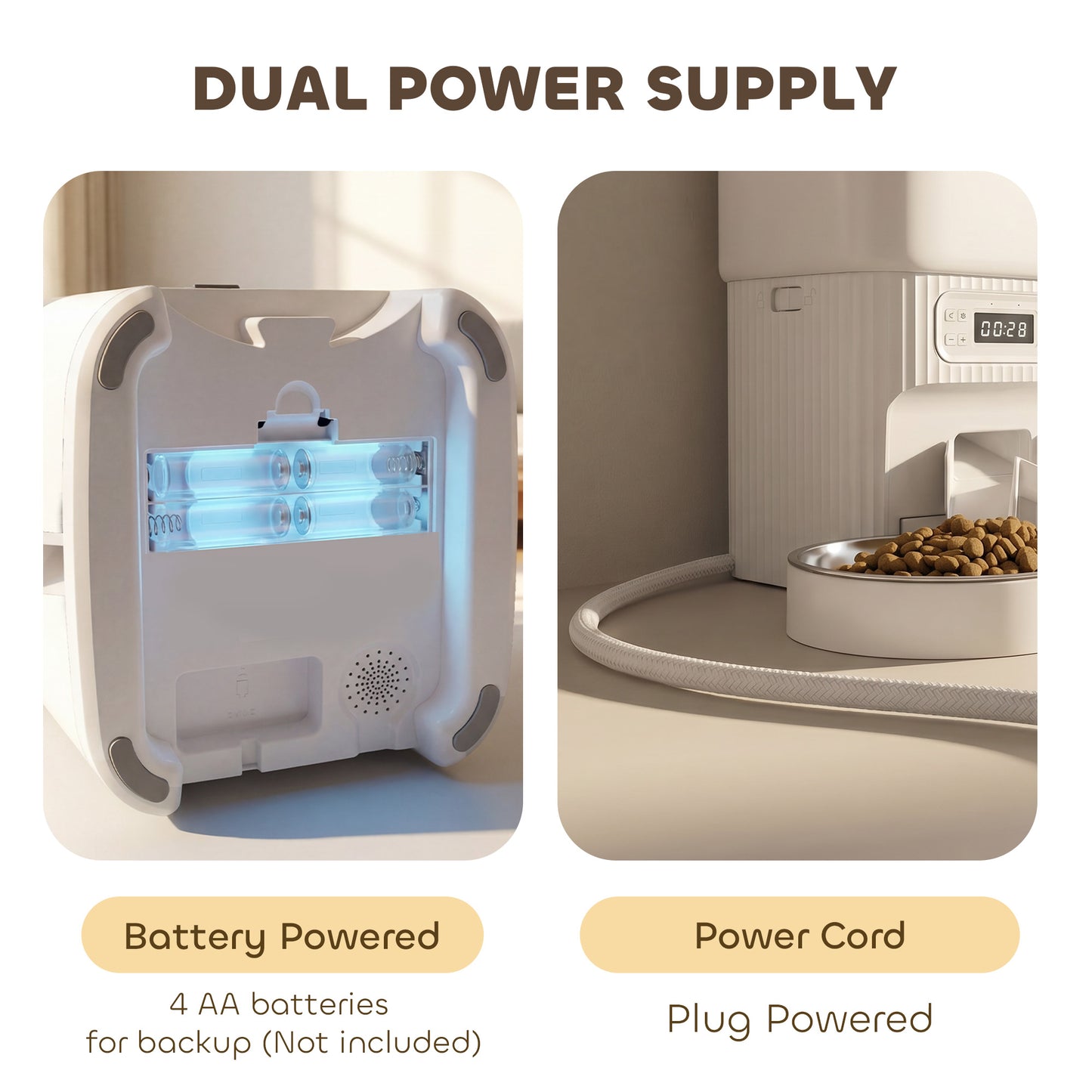 Automatic Pet Feeder | Dual Bowl | LCD Screen & Button Control | Anti-Jam | Airtight Lid | 4L / 16 Cup Tank | Dual Power | Cats & Dogs up to 15kg | White