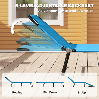 Set of 2 Folding Sun Loungers | 5 Position Back | 190x56cm | Oxford Fabric | Powder Coated Steel | Portable | 120kg | Sky Blue