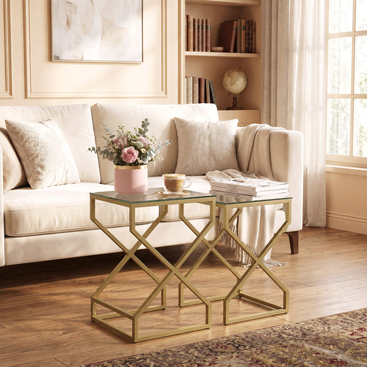 Nest of 2 Tables | Tempered Glass Tops | Gold-Tone Steel Tube Frame | Nesting Design | Adjustable Foot Pads | Large 40x40x55cm Small 35x35x50cm | 20kg Capacity | Transparent & Gold