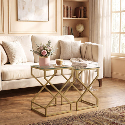 Nest of 2 Tables | Tempered Glass Tops | Gold-Tone Steel Tube Frame | Nesting Design | Adjustable Foot Pads | Large 40x40x55cm Small 35x35x50cm | 20kg Capacity | Transparent & Gold