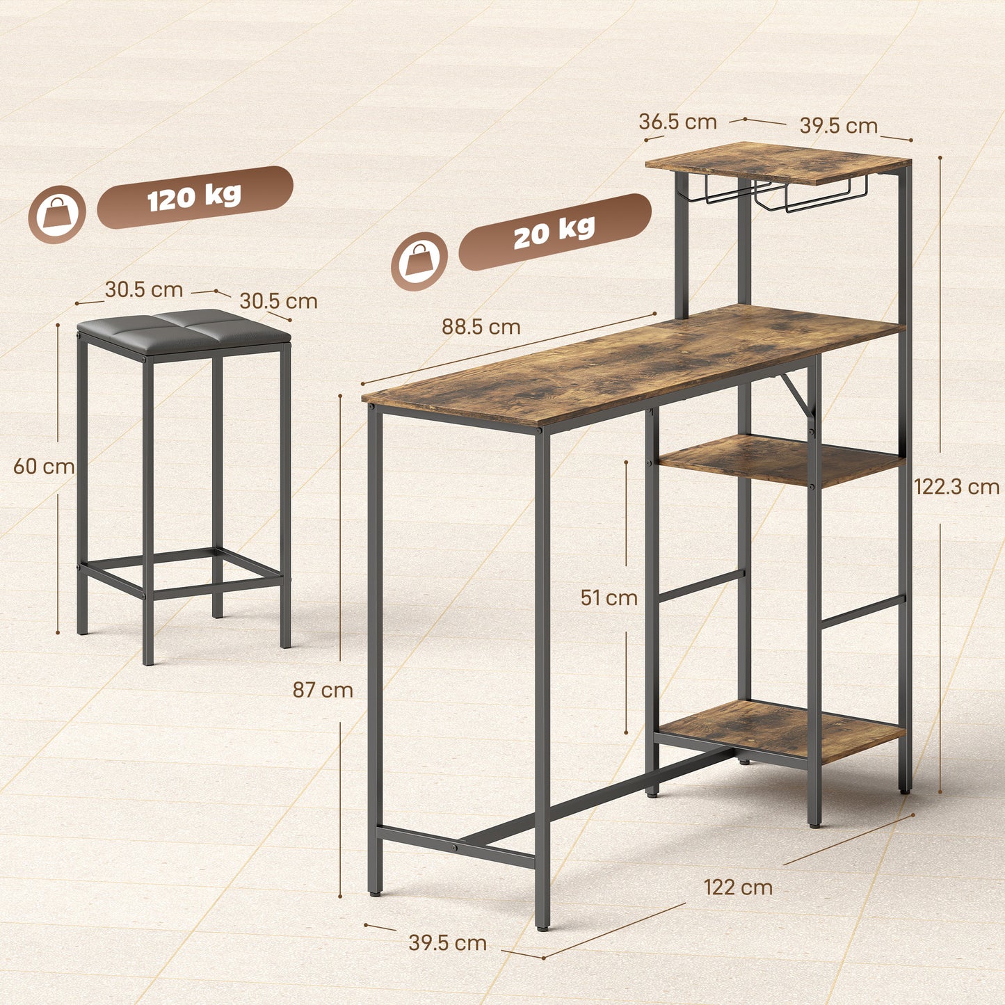 3-Piece Breakfast Bar Table & Stools Set | 4-Tier Shelving | Wine Glass Racks | Faux Leather Stools | Footrests | Rustic Brown