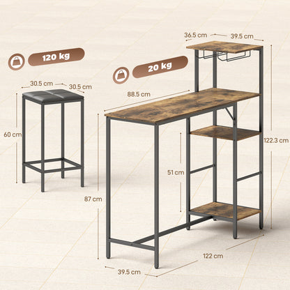 3-Piece Breakfast Bar Table & Stools Set | 4-Tier Shelving | Wine Glass Racks | Faux Leather Stools | Footrests | Rustic Brown