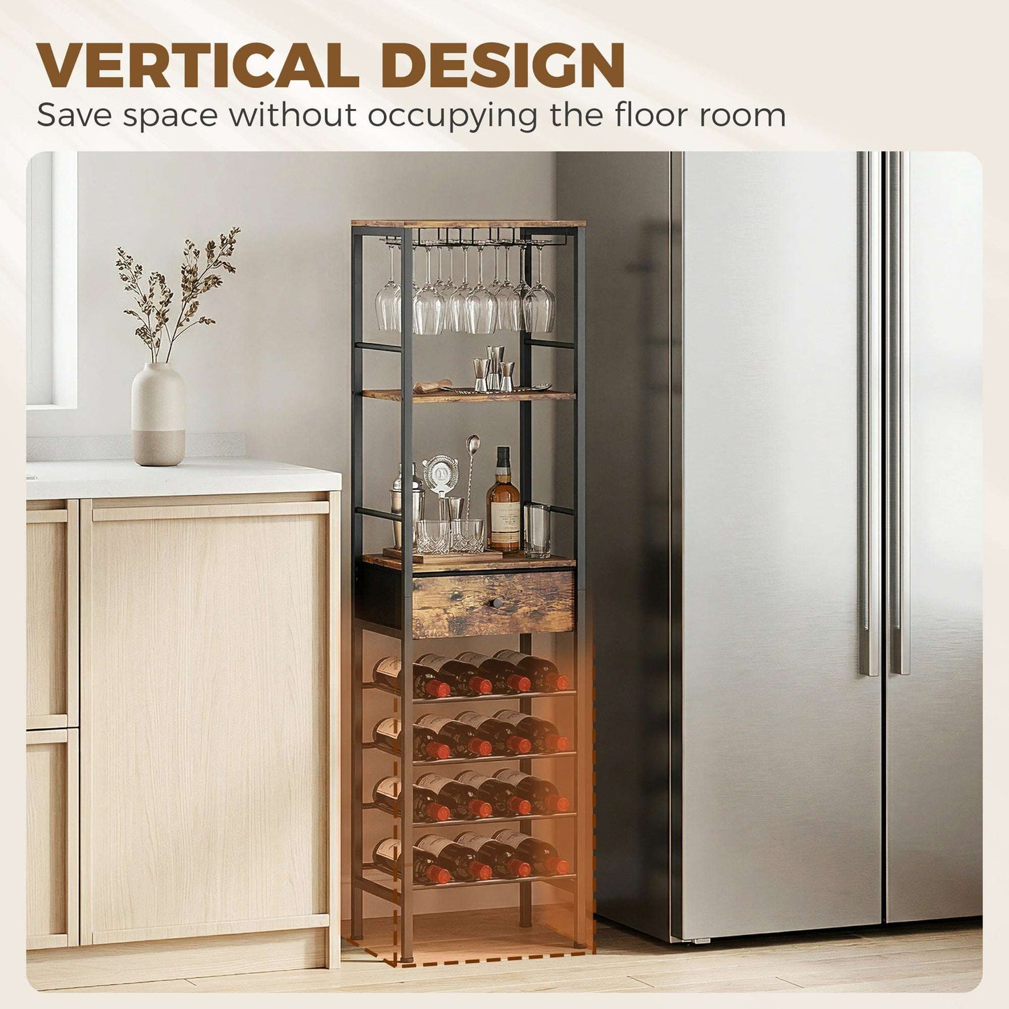 Industrial Wine Bar Cabinet | 16 Bottle Rack | 12 Glass Holder | Freestanding | 40x29x148.5cm | Rustic Brown