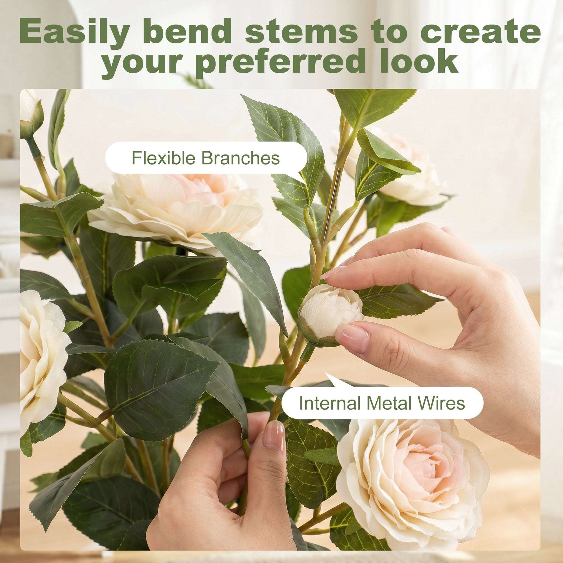 Artificial Camellia Flower Plant | 65cm | 116 PEVA Leaves | Silk Blossoms | Shapeable | Moss Effect Cement Pot | No Maintenance | White