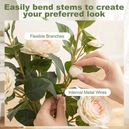 Artificial Camellia Flower Plant | 65cm | 116 PEVA Leaves | Silk Blossoms | Shapeable | Moss Effect Cement Pot | No Maintenance | White