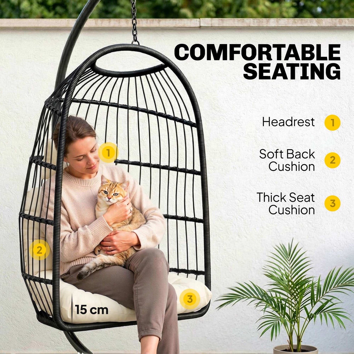 Hanging Egg Chair with Stand | 15cm Thick Cushion & Headrest | Adjustable Chain | Safety Strap | Foldable Basket | PE Rattan | 120kg | Indoor & Outdoor | Black & Cream White
