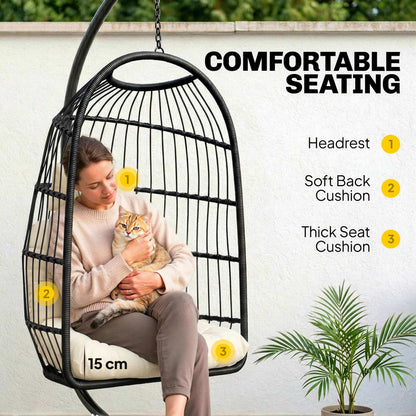 Hanging Egg Chair with Stand | 15cm Thick Cushion & Headrest | Adjustable Chain | Safety Strap | Foldable Basket | PE Rattan | 120kg | Indoor & Outdoor | Black & Cream White
