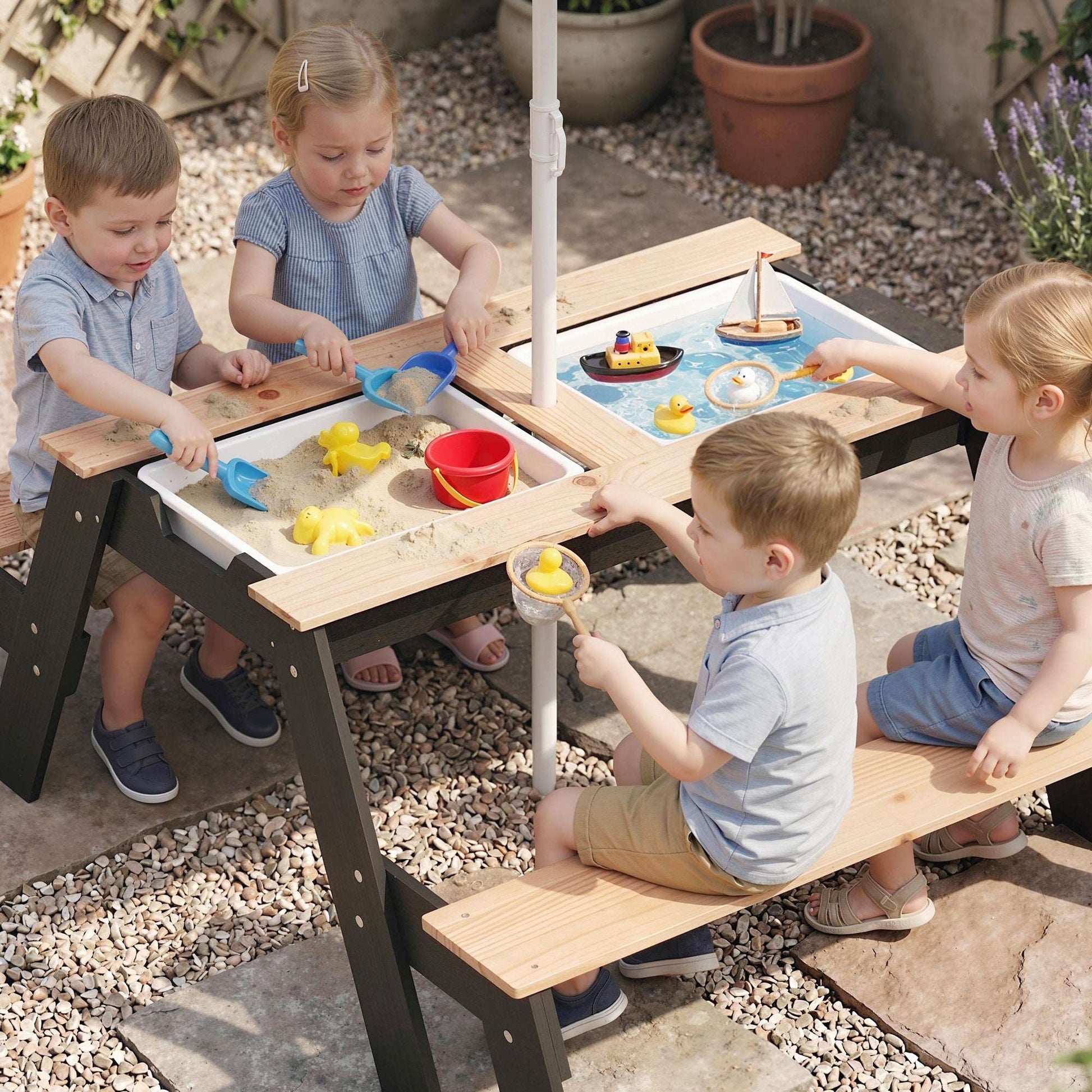 3-in-1 Kids Garden Table & Chair Set | Sand & Water Table | 2 Hidden Storage Boxes | Blue Striped Parasol | Fir Wood | Reinforced Metal Frame | Ages 3-6 | 113x95x160cm | Natural Wood