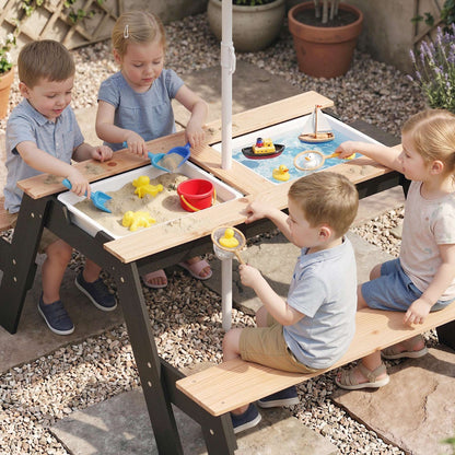3-in-1 Kids Garden Table & Chair Set | Sand & Water Table | 2 Hidden Storage Boxes | Blue Striped Parasol | Fir Wood | Reinforced Metal Frame | Ages 3-6 | 113x95x160cm | Natural Wood