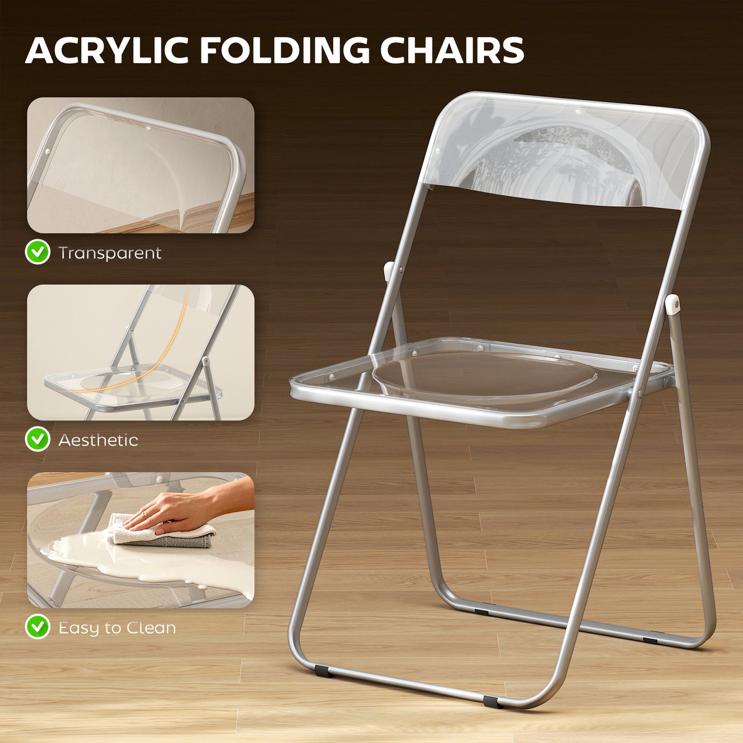Set of 4 Transparent Acrylic Folding Chairs | Steel Frame | Folds to 4.5cm | No Assembly | Non-Slip Feet | 120kg | 47x48x75cm | Clear