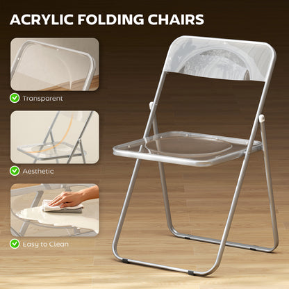 Set of 4 Transparent Acrylic Folding Chairs | Steel Frame | Folds to 4.5cm | No Assembly | Non-Slip Feet | 120kg | 47x48x75cm | Clear
